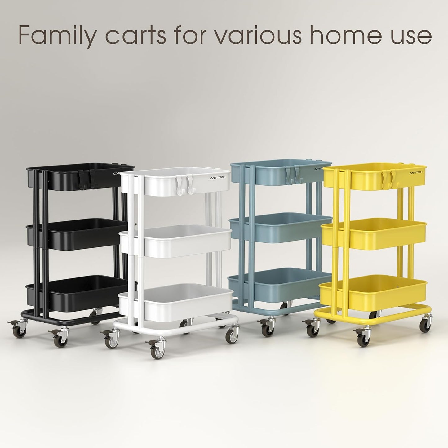 3 Tier Rolling Cart Metal Heavy Duty Utility Cart with Silent Caster Lockable Wheel Multi-Functional Organization Carts Storage Trolley with Mesh Shelves for Office Kitchen Living Room Yellow