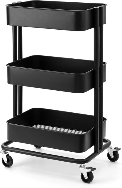 3 Tier Rolling Cart Metal Heavy Duty Utility Cart with Silent Caster Lockable Wheel Multi-Functional Organization Carts Storage Trolley with Mesh Shelves for Office Kitchen Living Room Yellow