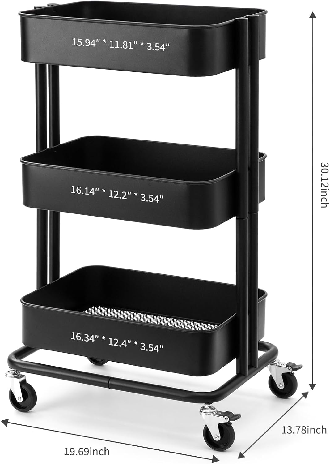 3 Tier Rolling Cart Metal Heavy Duty Utility Cart with Silent Caster Lockable Wheel Multi-Functional Organization Carts Storage Trolley with Mesh Shelves for Office Kitchen Living Room Yellow