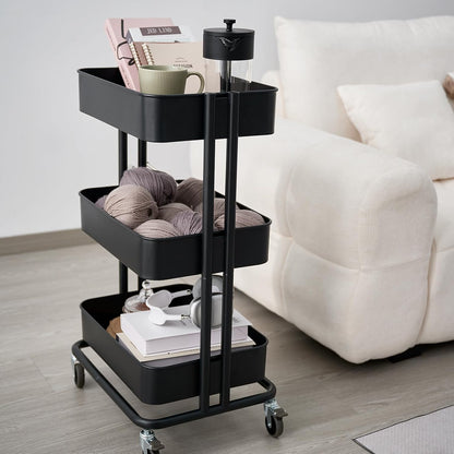 3 Tier Rolling Cart Metal Heavy Duty Utility Cart with Silent Caster Lockable Wheel Multi-Functional Organization Carts Storage Trolley with Mesh Shelves for Office Kitchen Living Room Yellow