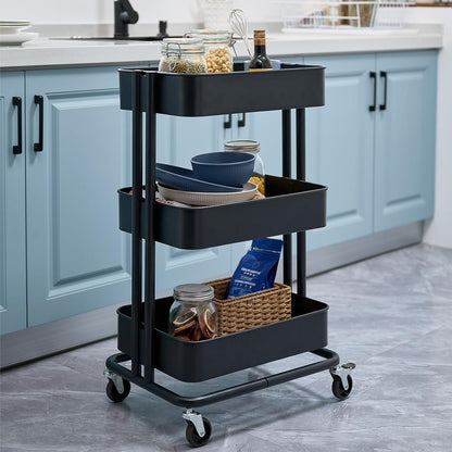 3 Tier Rolling Cart Metal Heavy Duty Utility Cart with Silent Caster Lockable Wheel Multi-Functional Organization Carts Storage Trolley with Mesh Shelves for Office Kitchen Living Room Yellow