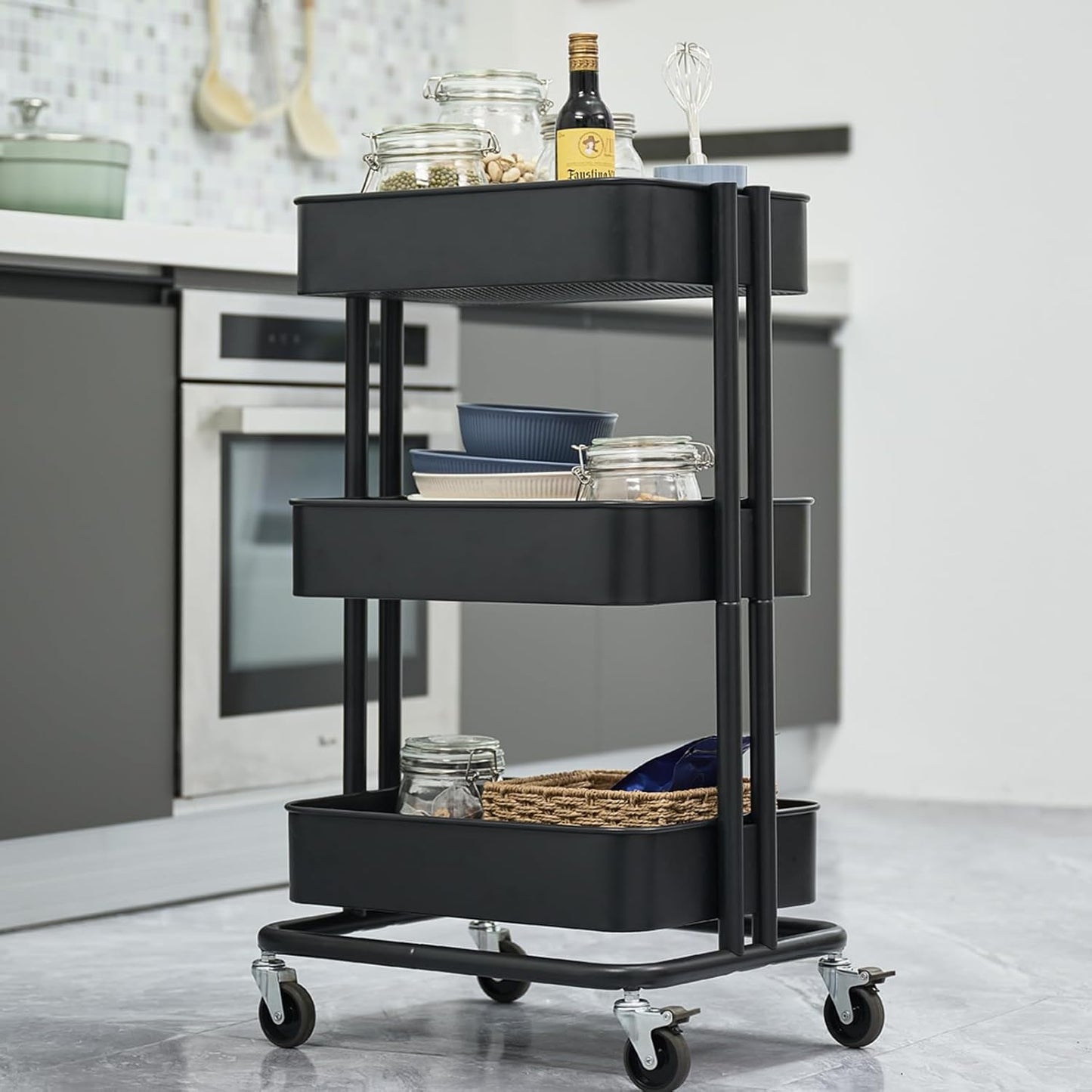 3 Tier Rolling Cart Metal Heavy Duty Utility Cart with Silent Caster Lockable Wheel Multi-Functional Organization Carts Storage Trolley with Mesh Shelves for Office Kitchen Living Room Yellow