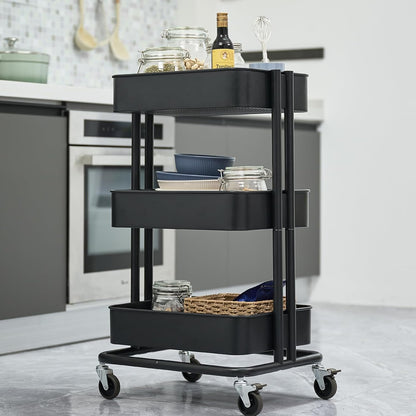 3 Tier Rolling Cart Metal Heavy Duty Utility Cart with Silent Caster Lockable Wheel Multi-Functional Organization Carts Storage Trolley with Mesh Shelves for Office Kitchen Living Room Yellow