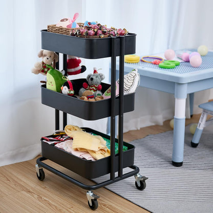 3 Tier Rolling Cart Metal Heavy Duty Utility Cart with Silent Caster Lockable Wheel Multi-Functional Organization Carts Storage Trolley with Mesh Shelves for Office Kitchen Living Room Yellow