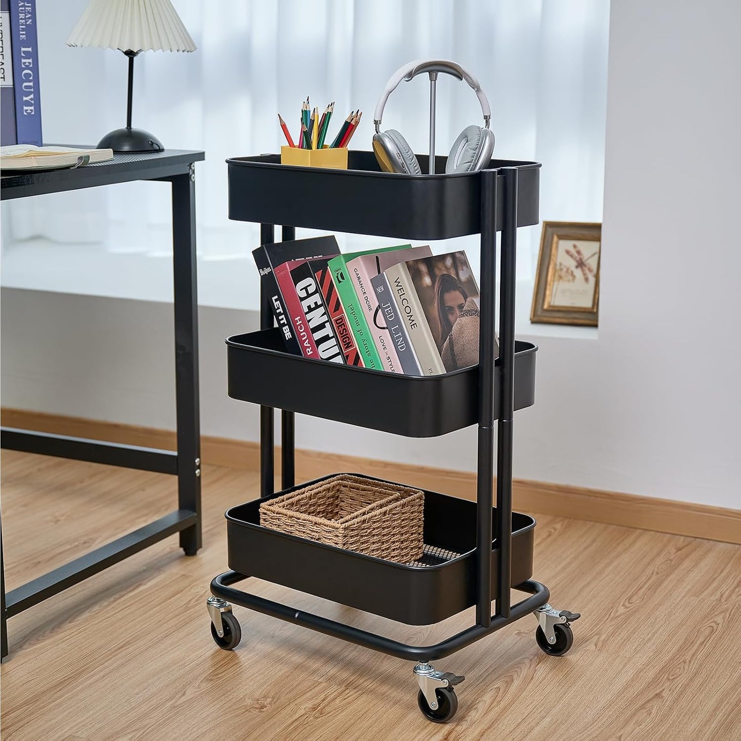 3 Tier Rolling Cart Metal Heavy Duty Utility Cart with Silent Caster Lockable Wheel Multi-Functional Organization Carts Storage Trolley with Mesh Shelves for Office Kitchen Living Room Yellow