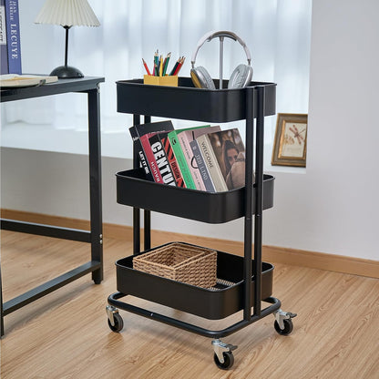3 Tier Rolling Cart Metal Heavy Duty Utility Cart with Silent Caster Lockable Wheel Multi-Functional Organization Carts Storage Trolley with Mesh Shelves for Office Kitchen Living Room Yellow