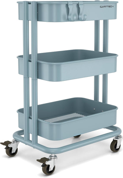 3 Tier Rolling Cart Metal Heavy Duty Utility Cart with Silent Caster Lockable Wheel Multi-Functional Organization Carts Storage Trolley with Mesh Shelves for Office Kitchen Living Room Yellow