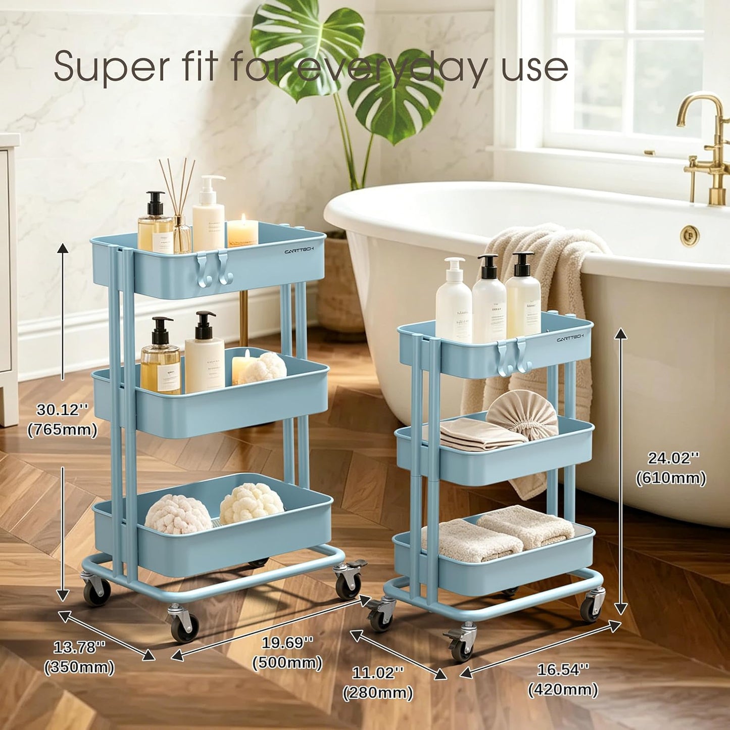 3 Tier Rolling Cart Metal Heavy Duty Utility Cart with Silent Caster Lockable Wheel Multi-Functional Organization Carts Storage Trolley with Mesh Shelves for Office Kitchen Living Room Yellow