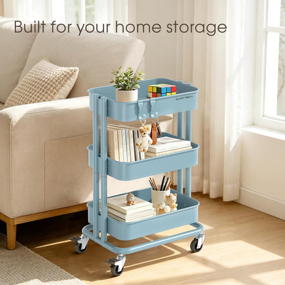 3 Tier Rolling Cart Metal Heavy Duty Utility Cart with Silent Caster Lockable Wheel Multi-Functional Organization Carts Storage Trolley with Mesh Shelves for Office Kitchen Living Room Yellow