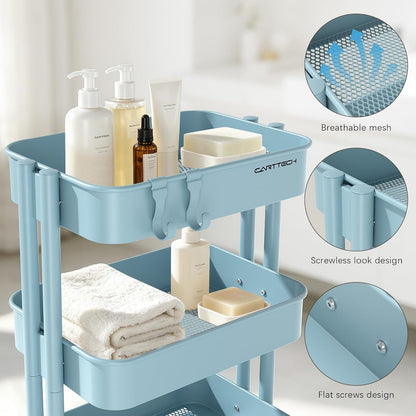 3 Tier Rolling Cart Metal Heavy Duty Utility Cart with Silent Caster Lockable Wheel Multi-Functional Organization Carts Storage Trolley with Mesh Shelves for Office Kitchen Living Room Yellow