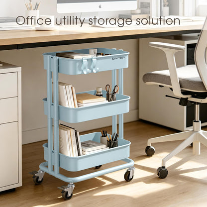 3 Tier Rolling Cart Metal Heavy Duty Utility Cart with Silent Caster Lockable Wheel Multi-Functional Organization Carts Storage Trolley with Mesh Shelves for Office Kitchen Living Room Yellow