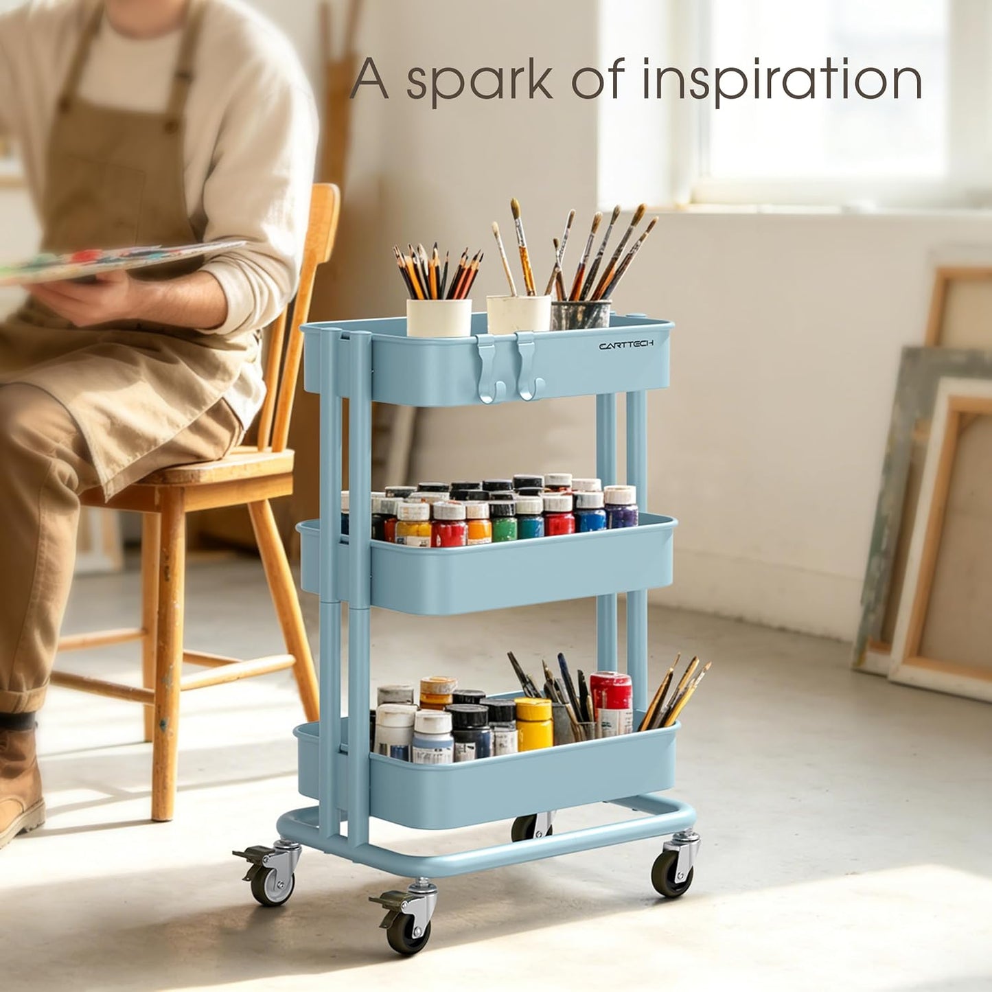 3 Tier Rolling Cart Metal Heavy Duty Utility Cart with Silent Caster Lockable Wheel Multi-Functional Organization Carts Storage Trolley with Mesh Shelves for Office Kitchen Living Room Yellow