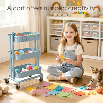 3 Tier Rolling Cart Metal Heavy Duty Utility Cart with Silent Caster Lockable Wheel Multi-Functional Organization Carts Storage Trolley with Mesh Shelves for Office Kitchen Living Room Yellow