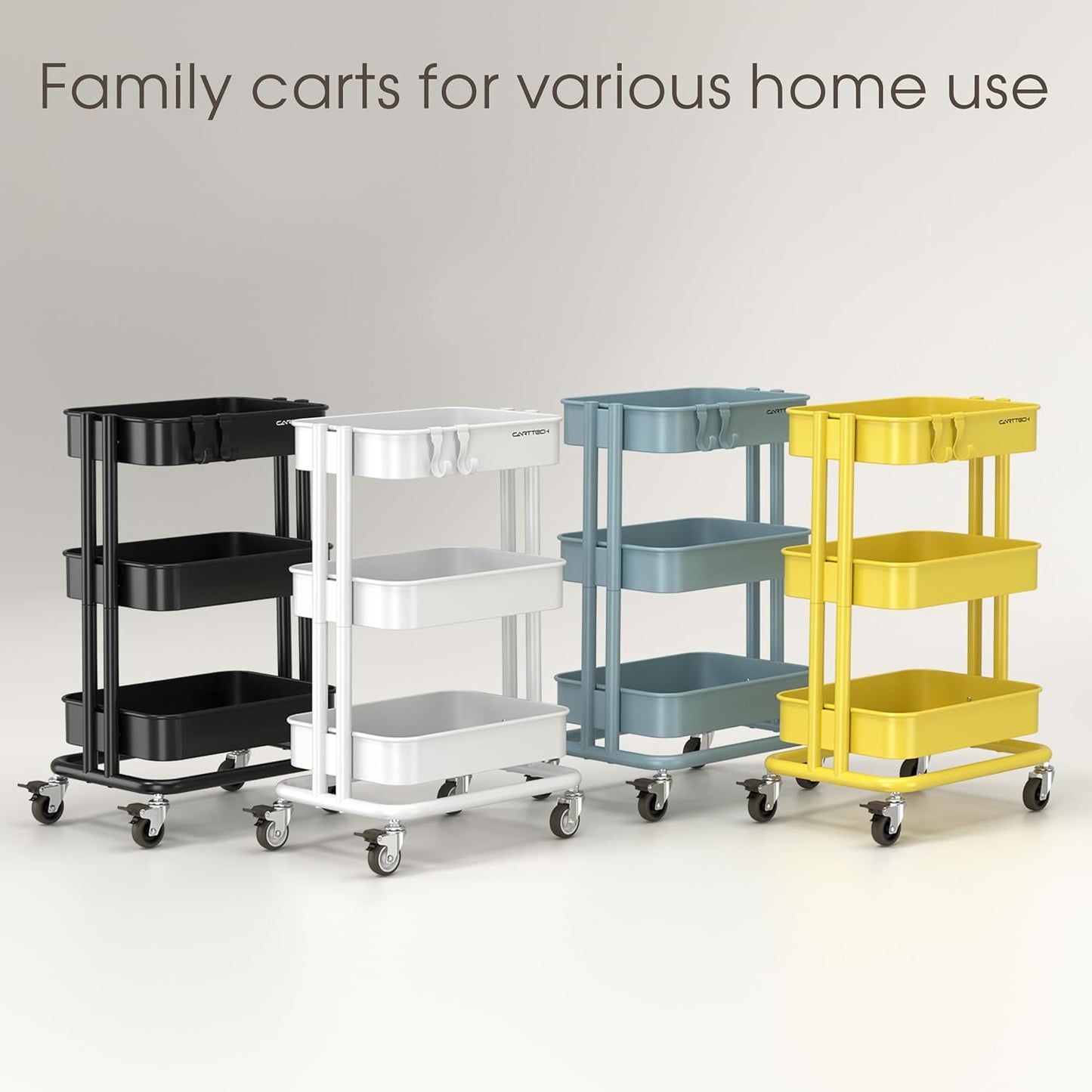 3 Tier Rolling Cart Metal Heavy Duty Utility Cart with Silent Caster Lockable Wheel Multi-Functional Organization Carts Storage Trolley with Mesh Shelves for Office Kitchen Living Room Yellow