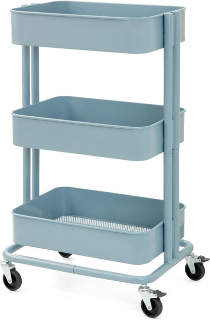 3 Tier Rolling Cart Metal Heavy Duty Utility Cart with Silent Caster Lockable Wheel Multi-Functional Organization Carts Storage Trolley with Mesh Shelves for Office Kitchen Living Room Yellow