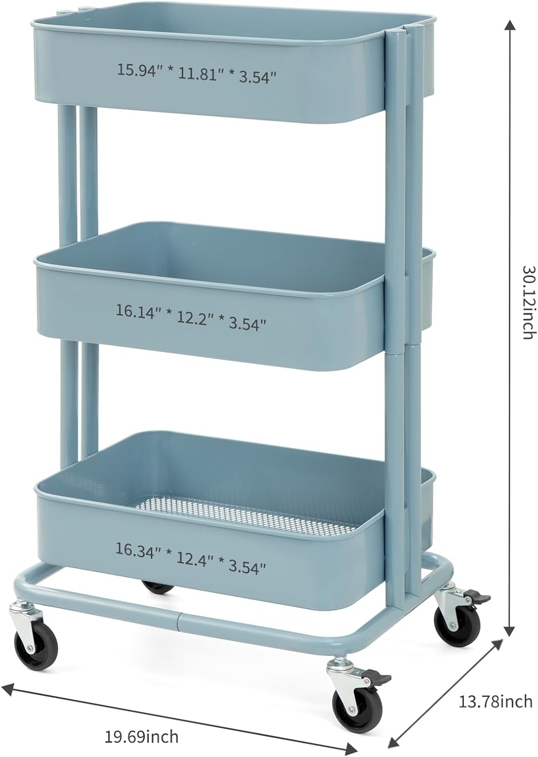 3 Tier Rolling Cart Metal Heavy Duty Utility Cart with Silent Caster Lockable Wheel Multi-Functional Organization Carts Storage Trolley with Mesh Shelves for Office Kitchen Living Room Yellow