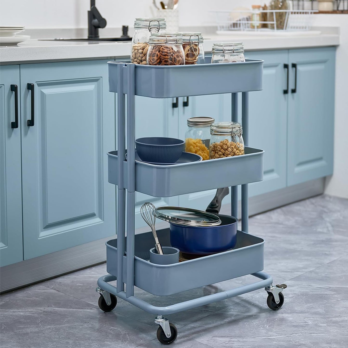 3 Tier Rolling Cart Metal Heavy Duty Utility Cart with Silent Caster Lockable Wheel Multi-Functional Organization Carts Storage Trolley with Mesh Shelves for Office Kitchen Living Room Yellow