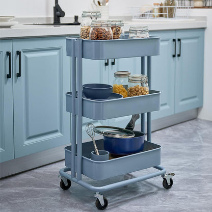 3 Tier Rolling Cart Metal Heavy Duty Utility Cart with Silent Caster Lockable Wheel Multi-Functional Organization Carts Storage Trolley with Mesh Shelves for Office Kitchen Living Room Yellow