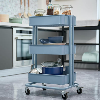3 Tier Rolling Cart Metal Heavy Duty Utility Cart with Silent Caster Lockable Wheel Multi-Functional Organization Carts Storage Trolley with Mesh Shelves for Office Kitchen Living Room Yellow