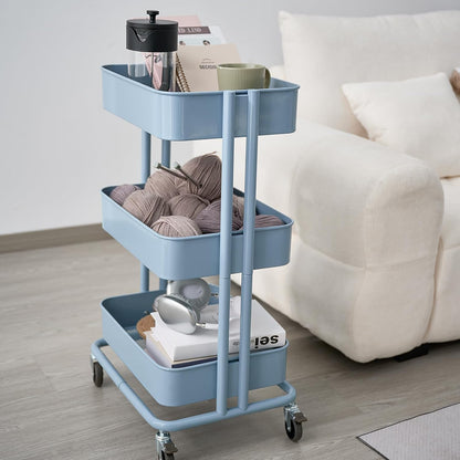 3 Tier Rolling Cart Metal Heavy Duty Utility Cart with Silent Caster Lockable Wheel Multi-Functional Organization Carts Storage Trolley with Mesh Shelves for Office Kitchen Living Room Yellow