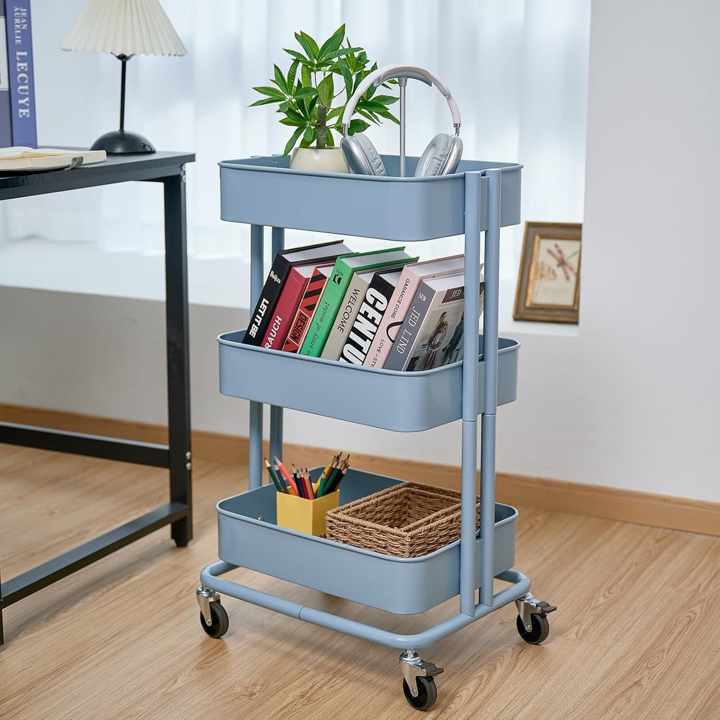 3 Tier Rolling Cart Metal Heavy Duty Utility Cart with Silent Caster Lockable Wheel Multi-Functional Organization Carts Storage Trolley with Mesh Shelves for Office Kitchen Living Room Yellow