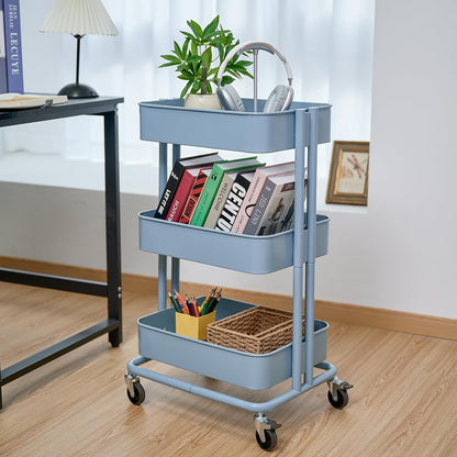 3 Tier Rolling Cart Metal Heavy Duty Utility Cart with Silent Caster Lockable Wheel Multi-Functional Organization Carts Storage Trolley with Mesh Shelves for Office Kitchen Living Room Yellow