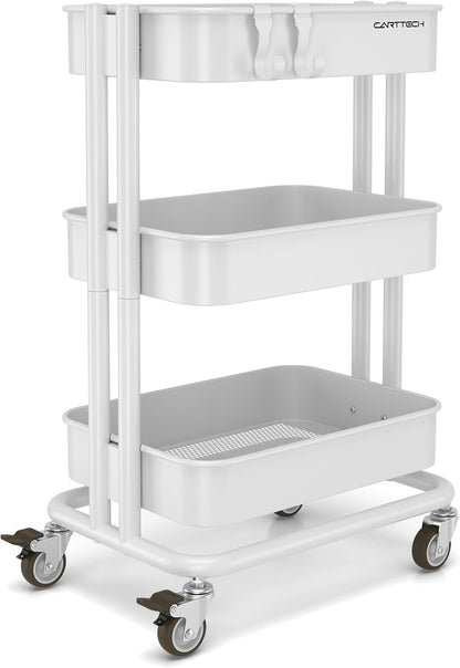 3 Tier Rolling Cart Metal Heavy Duty Utility Cart with Silent Caster Lockable Wheel Multi-Functional Organization Carts Storage Trolley with Mesh Shelves for Office Kitchen Living Room Yellow