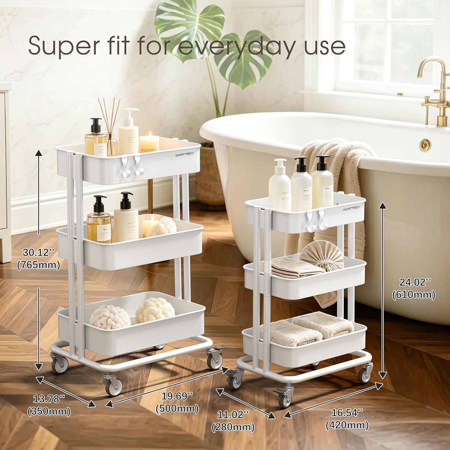 3 Tier Rolling Cart Metal Heavy Duty Utility Cart with Silent Caster Lockable Wheel Multi-Functional Organization Carts Storage Trolley with Mesh Shelves for Office Kitchen Living Room Yellow