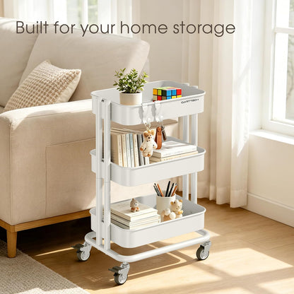 3 Tier Rolling Cart Metal Heavy Duty Utility Cart with Silent Caster Lockable Wheel Multi-Functional Organization Carts Storage Trolley with Mesh Shelves for Office Kitchen Living Room Yellow
