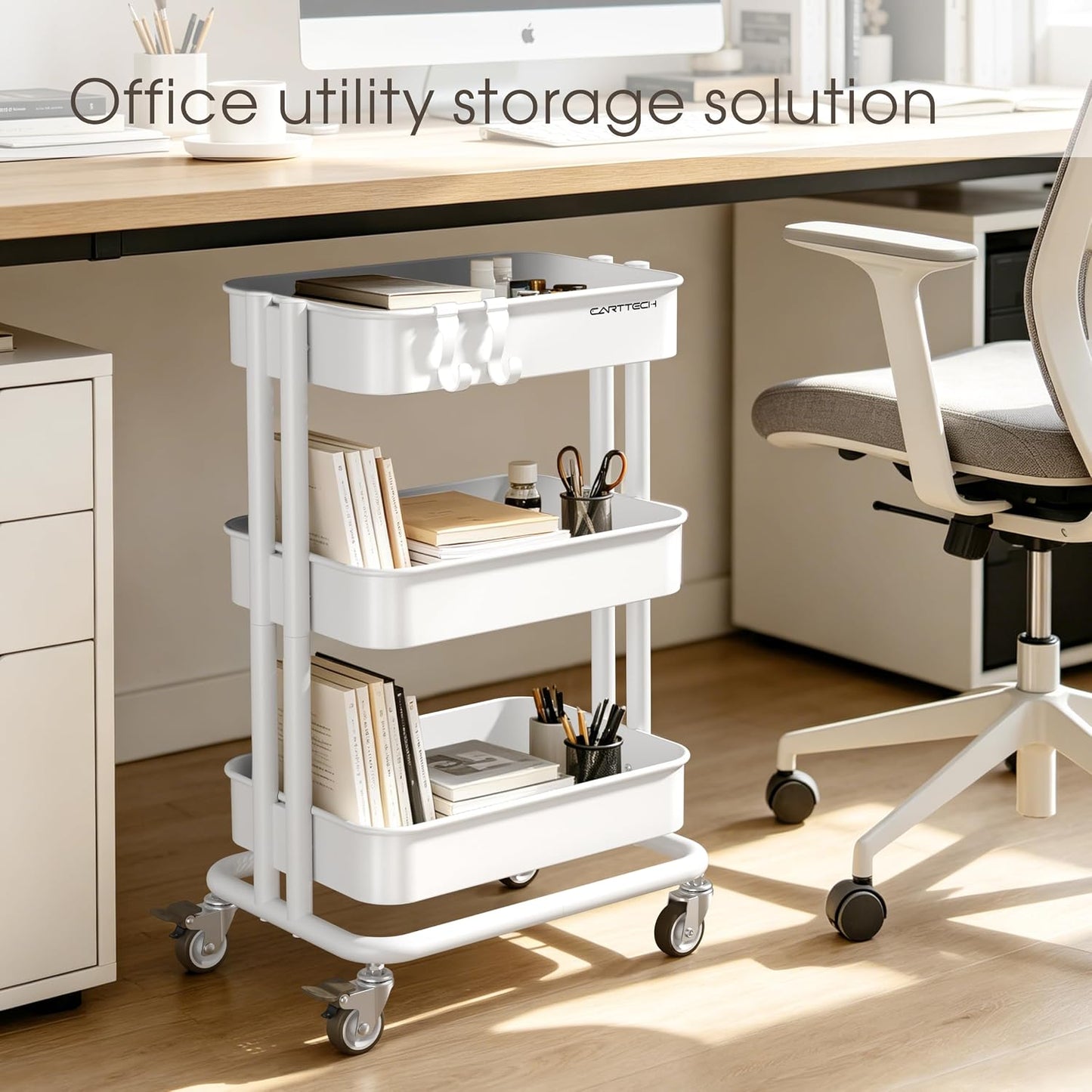 3 Tier Rolling Cart Metal Heavy Duty Utility Cart with Silent Caster Lockable Wheel Multi-Functional Organization Carts Storage Trolley with Mesh Shelves for Office Kitchen Living Room Yellow