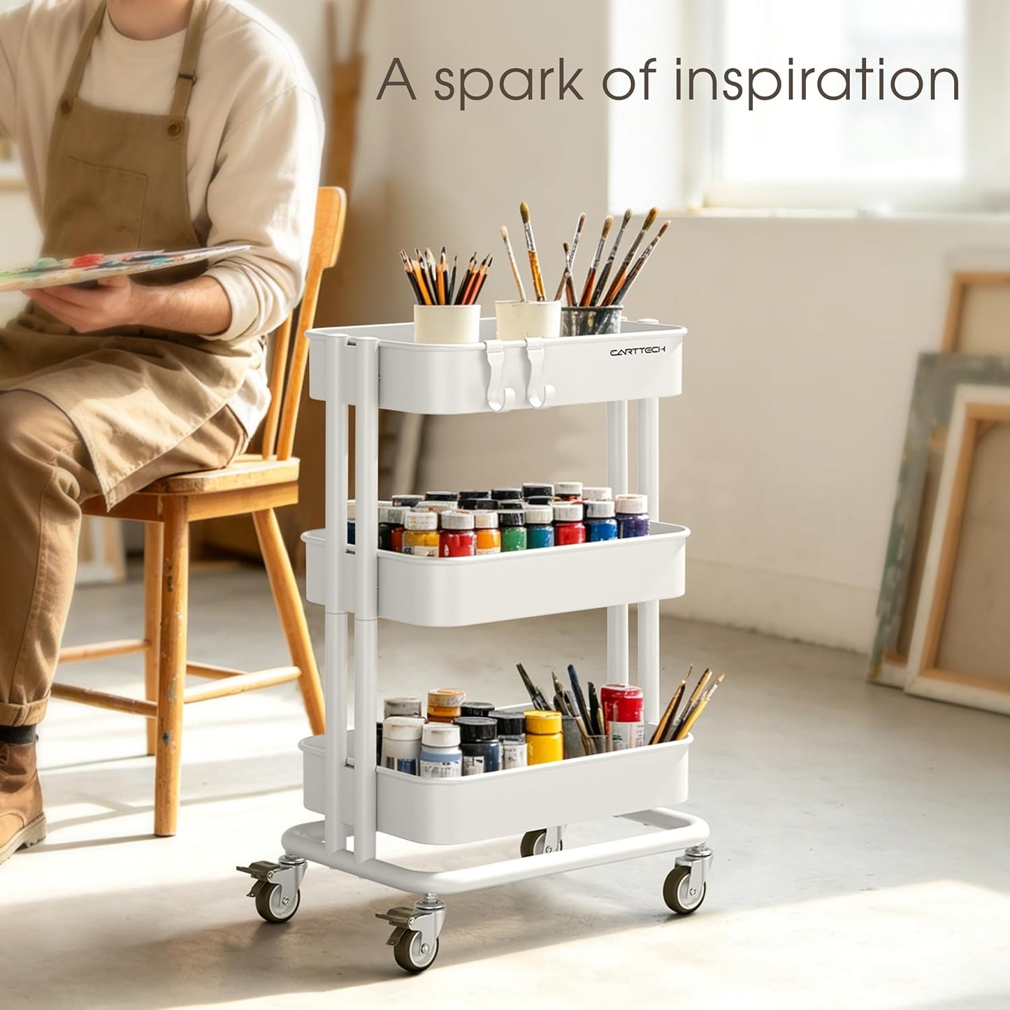 3 Tier Rolling Cart Metal Heavy Duty Utility Cart with Silent Caster Lockable Wheel Multi-Functional Organization Carts Storage Trolley with Mesh Shelves for Office Kitchen Living Room Yellow