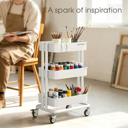 3 Tier Rolling Cart Metal Heavy Duty Utility Cart with Silent Caster Lockable Wheel Multi-Functional Organization Carts Storage Trolley with Mesh Shelves for Office Kitchen Living Room Yellow