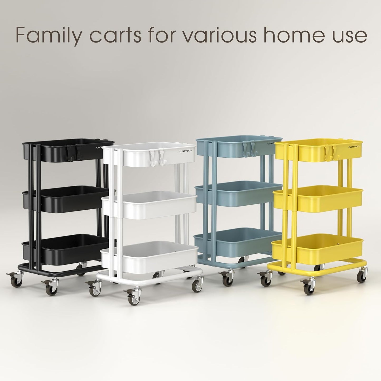 3 Tier Rolling Cart Metal Heavy Duty Utility Cart with Silent Caster Lockable Wheel Multi-Functional Organization Carts Storage Trolley with Mesh Shelves for Office Kitchen Living Room Yellow
