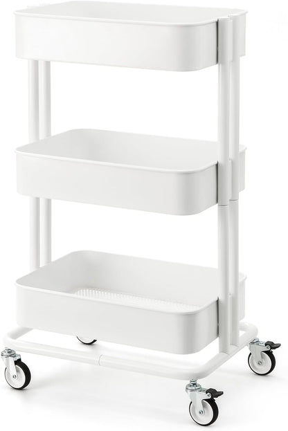 3 Tier Rolling Cart Metal Heavy Duty Utility Cart with Silent Caster Lockable Wheel Multi-Functional Organization Carts Storage Trolley with Mesh Shelves for Office Kitchen Living Room Yellow