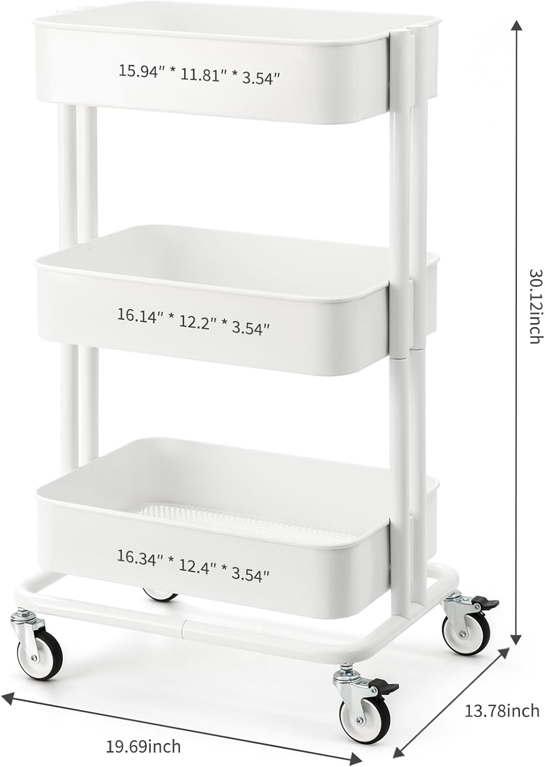 3 Tier Rolling Cart Metal Heavy Duty Utility Cart with Silent Caster Lockable Wheel Multi-Functional Organization Carts Storage Trolley with Mesh Shelves for Office Kitchen Living Room Yellow