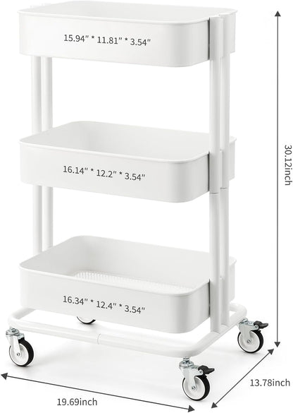 3 Tier Rolling Cart Metal Heavy Duty Utility Cart with Silent Caster Lockable Wheel Multi-Functional Organization Carts Storage Trolley with Mesh Shelves for Office Kitchen Living Room Yellow