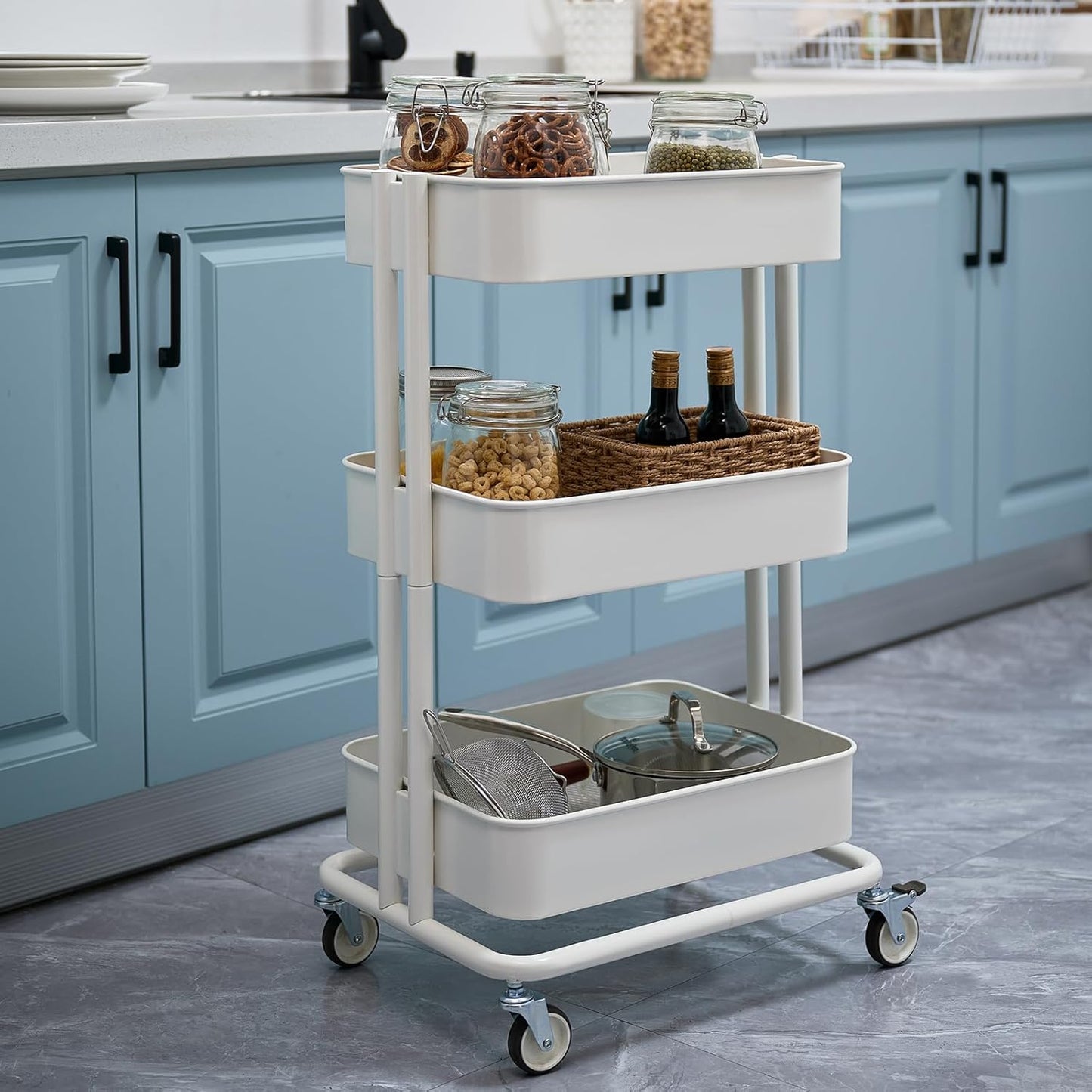 3 Tier Rolling Cart Metal Heavy Duty Utility Cart with Silent Caster Lockable Wheel Multi-Functional Organization Carts Storage Trolley with Mesh Shelves for Office Kitchen Living Room Yellow