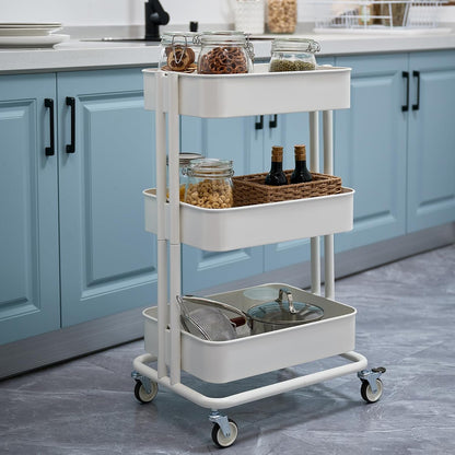 3 Tier Rolling Cart Metal Heavy Duty Utility Cart with Silent Caster Lockable Wheel Multi-Functional Organization Carts Storage Trolley with Mesh Shelves for Office Kitchen Living Room Yellow