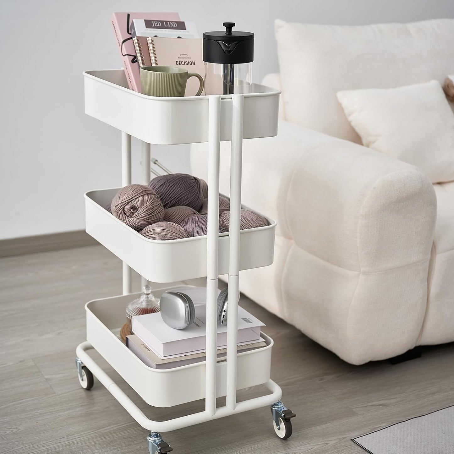 3 Tier Rolling Cart Metal Heavy Duty Utility Cart with Silent Caster Lockable Wheel Multi-Functional Organization Carts Storage Trolley with Mesh Shelves for Office Kitchen Living Room Yellow