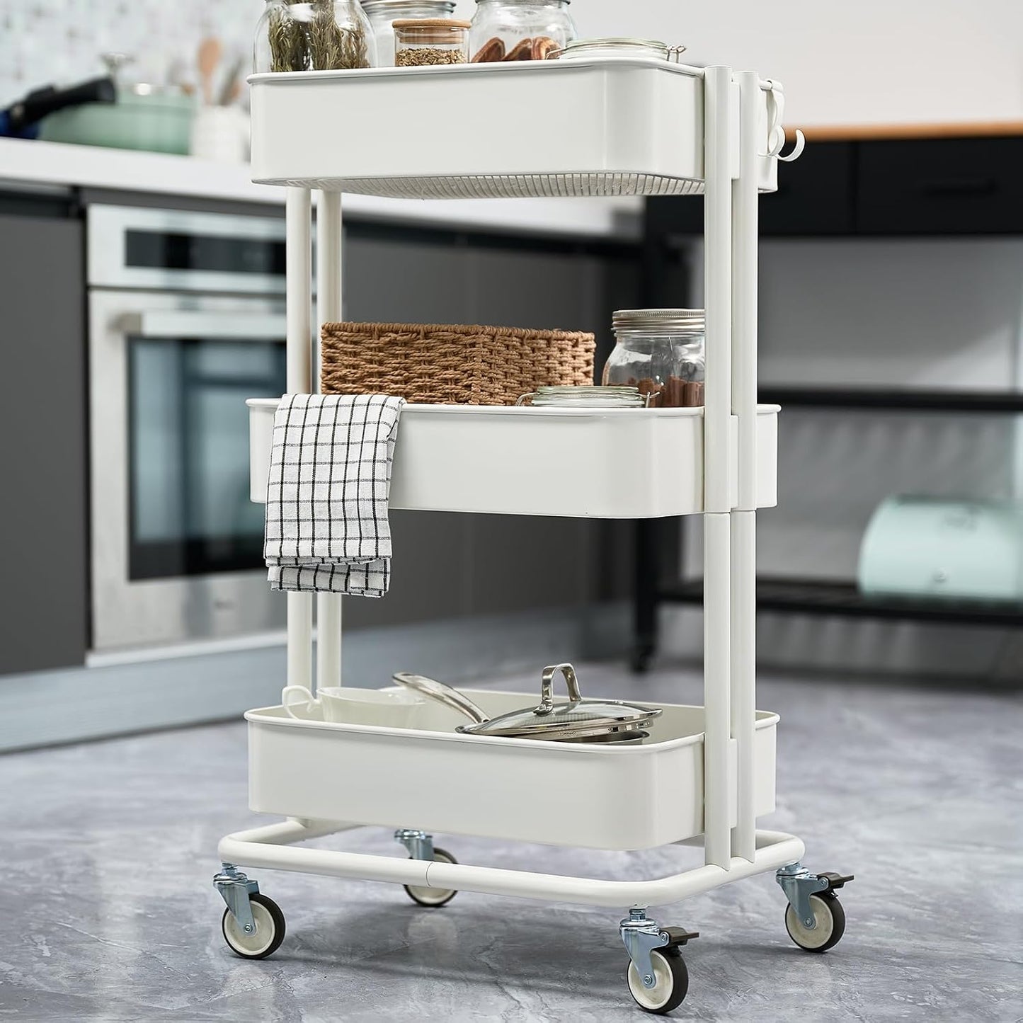 3 Tier Rolling Cart Metal Heavy Duty Utility Cart with Silent Caster Lockable Wheel Multi-Functional Organization Carts Storage Trolley with Mesh Shelves for Office Kitchen Living Room Yellow
