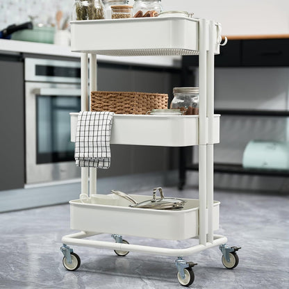 3 Tier Rolling Cart Metal Heavy Duty Utility Cart with Silent Caster Lockable Wheel Multi-Functional Organization Carts Storage Trolley with Mesh Shelves for Office Kitchen Living Room Yellow