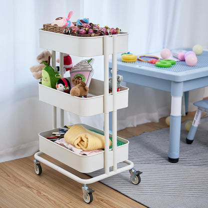 3 Tier Rolling Cart Metal Heavy Duty Utility Cart with Silent Caster Lockable Wheel Multi-Functional Organization Carts Storage Trolley with Mesh Shelves for Office Kitchen Living Room Yellow
