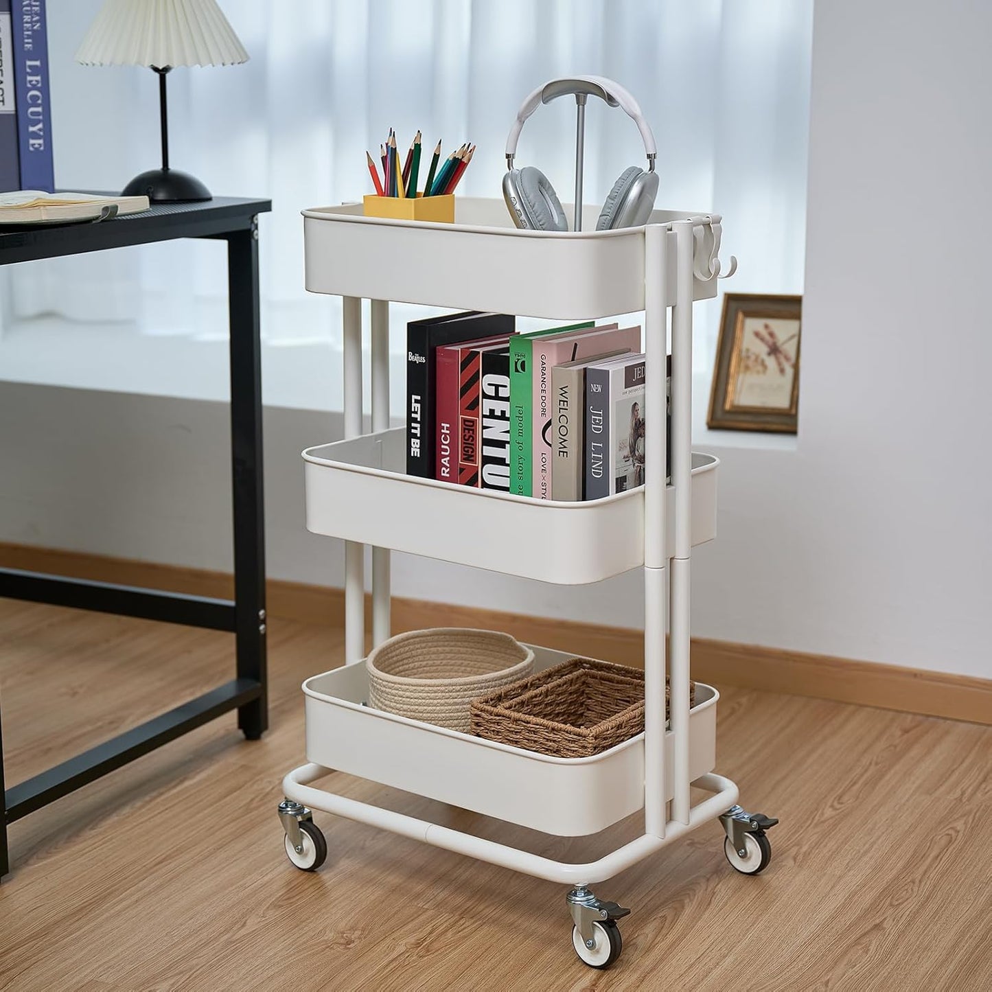 3 Tier Rolling Cart Metal Heavy Duty Utility Cart with Silent Caster Lockable Wheel Multi-Functional Organization Carts Storage Trolley with Mesh Shelves for Office Kitchen Living Room Yellow
