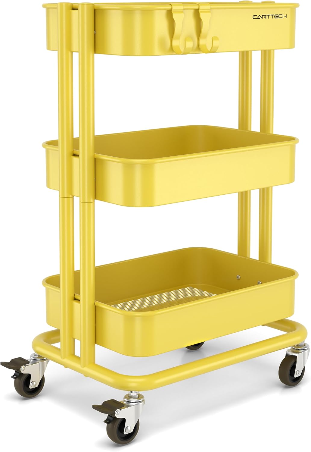 3 Tier Rolling Cart Metal Heavy Duty Utility Cart with Silent Caster Lockable Wheel Multi-Functional Organization Carts Storage Trolley with Mesh Shelves for Office Kitchen Living Room Yellow