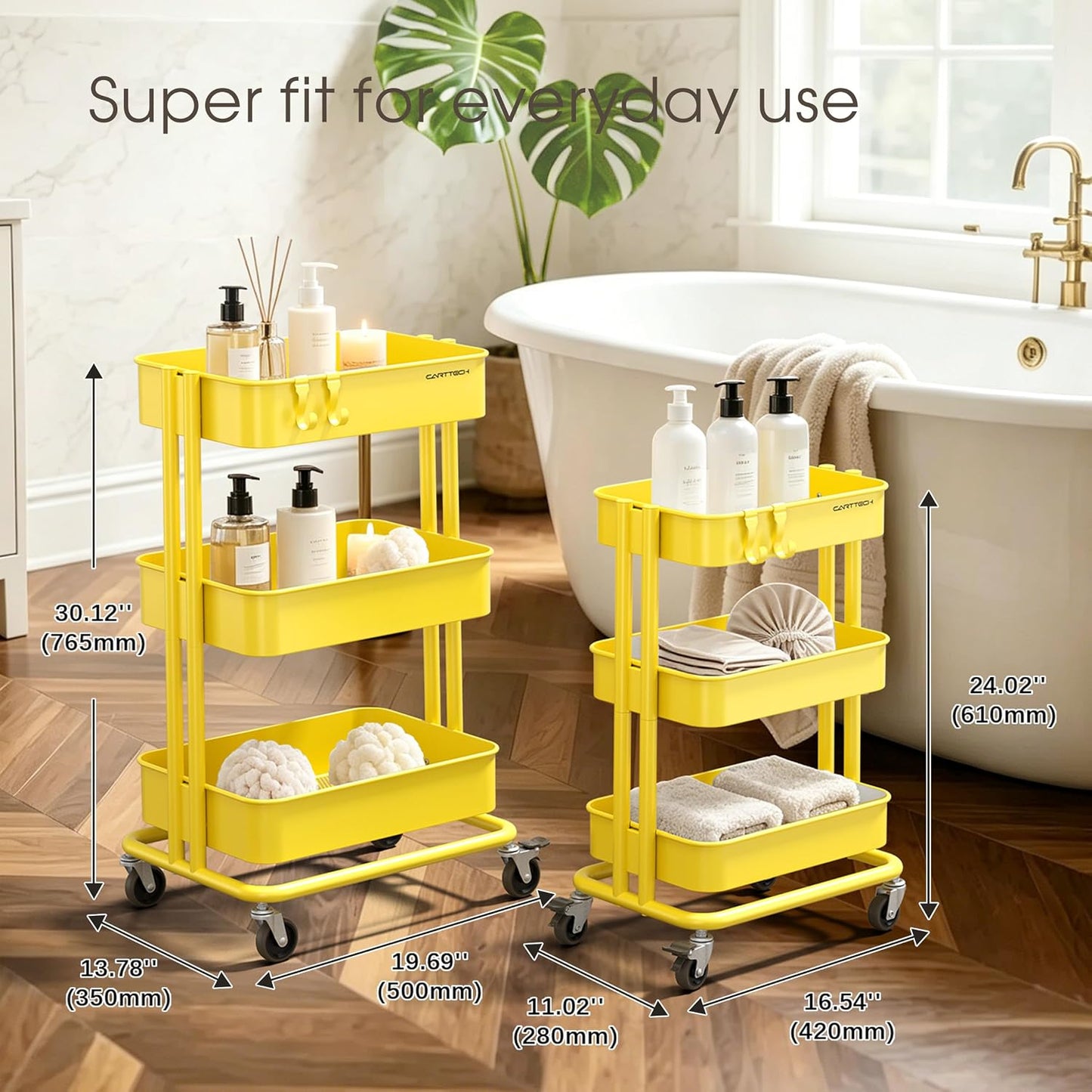 3 Tier Rolling Cart Metal Heavy Duty Utility Cart with Silent Caster Lockable Wheel Multi-Functional Organization Carts Storage Trolley with Mesh Shelves for Office Kitchen Living Room Yellow