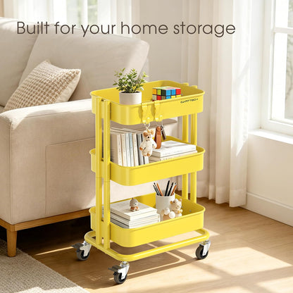 3 Tier Rolling Cart Metal Heavy Duty Utility Cart with Silent Caster Lockable Wheel Multi-Functional Organization Carts Storage Trolley with Mesh Shelves for Office Kitchen Living Room Yellow