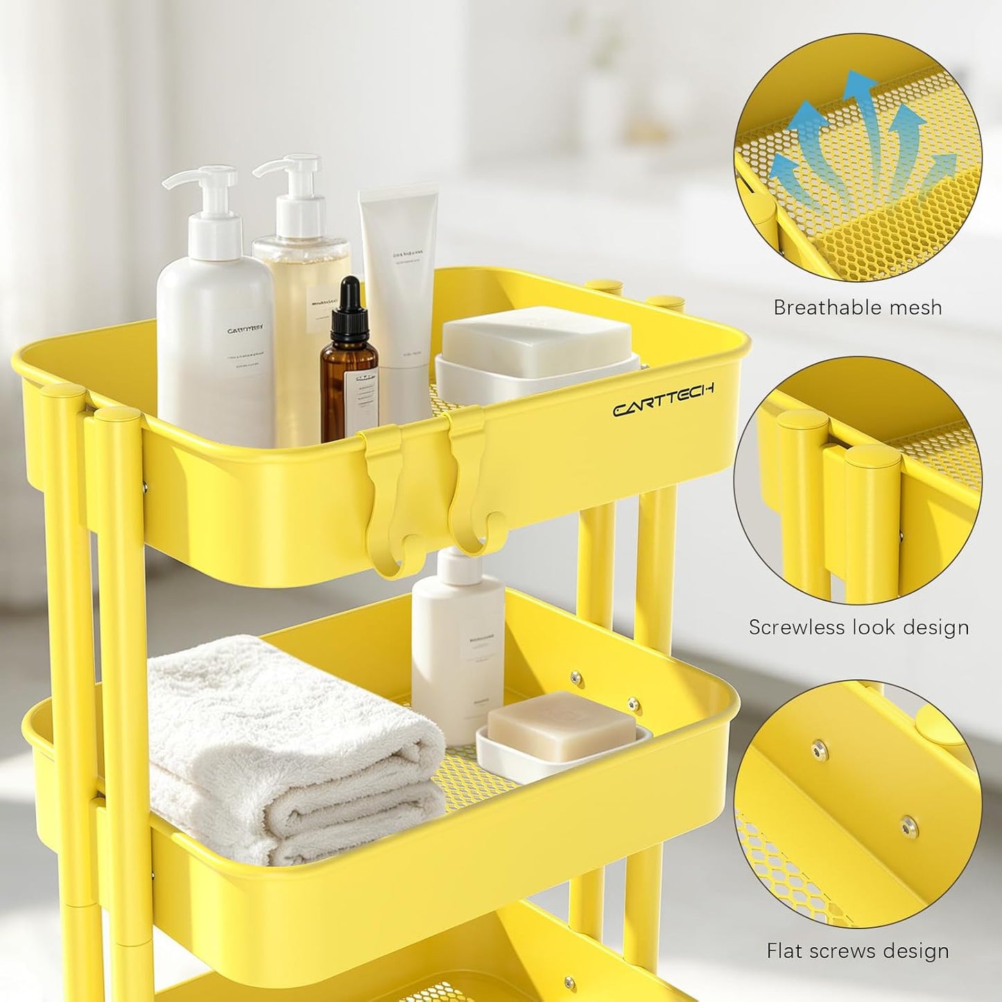 3 Tier Rolling Cart Metal Heavy Duty Utility Cart with Silent Caster Lockable Wheel Multi-Functional Organization Carts Storage Trolley with Mesh Shelves for Office Kitchen Living Room Yellow
