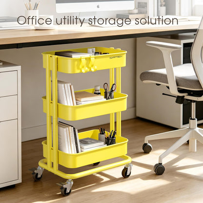 3 Tier Rolling Cart Metal Heavy Duty Utility Cart with Silent Caster Lockable Wheel Multi-Functional Organization Carts Storage Trolley with Mesh Shelves for Office Kitchen Living Room Yellow