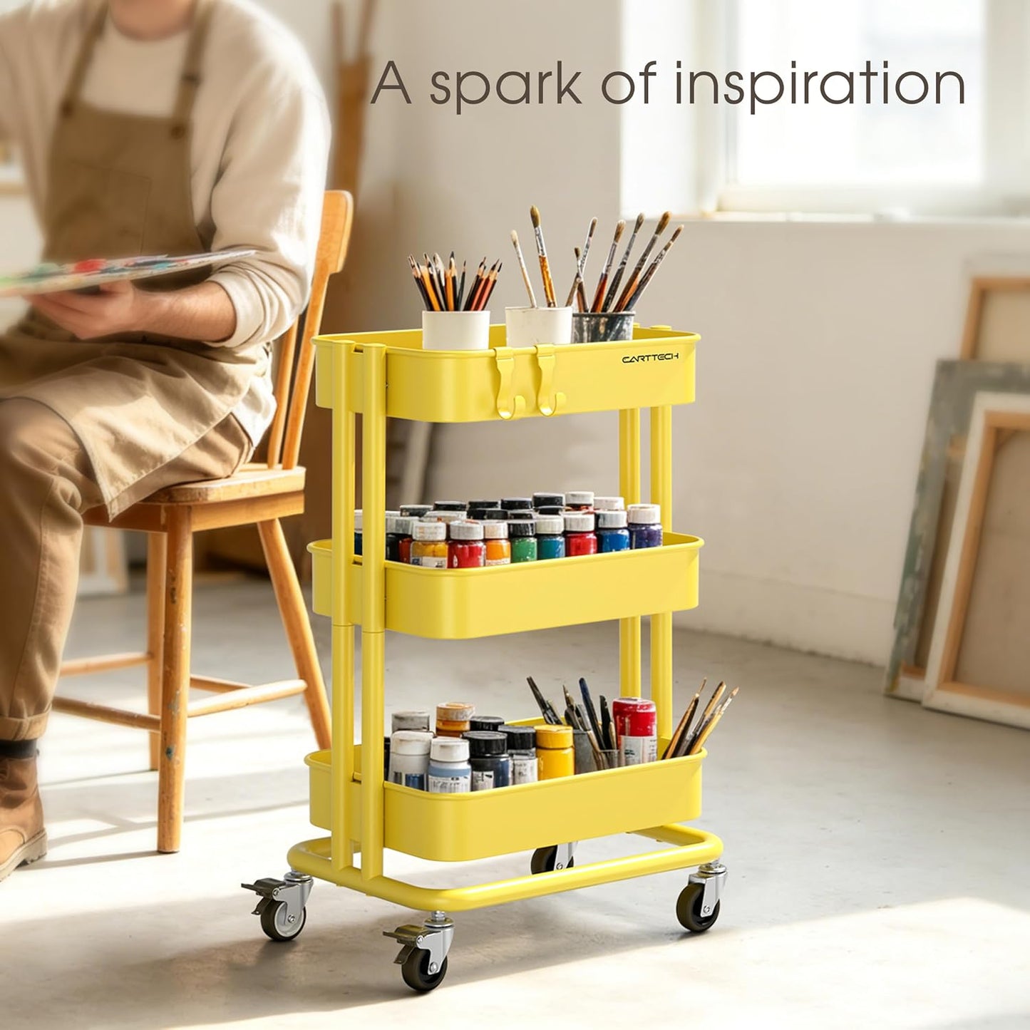 3 Tier Rolling Cart Metal Heavy Duty Utility Cart with Silent Caster Lockable Wheel Multi-Functional Organization Carts Storage Trolley with Mesh Shelves for Office Kitchen Living Room Yellow