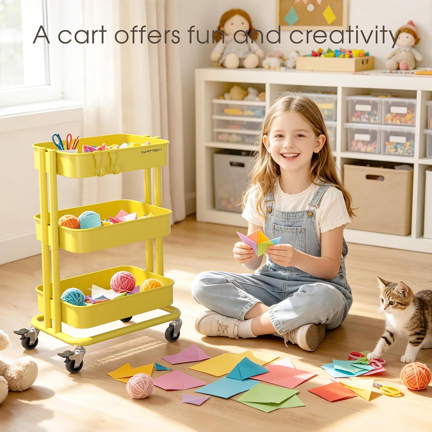 3 Tier Rolling Cart Metal Heavy Duty Utility Cart with Silent Caster Lockable Wheel Multi-Functional Organization Carts Storage Trolley with Mesh Shelves for Office Kitchen Living Room Yellow